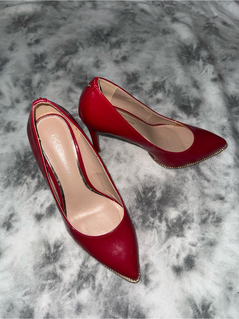 BCBGeneration Red Patent Pointed-Toe Stiletto Pumps with Gold Trim